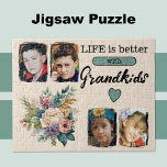 Puzzle 4 petits-enfants photo floral vert<br><div class="desc">Éclairez votre journée avec notre magnifique puzzle floral ! Doté de quatre beaux emplacements photo pour présenter vos moments préférés de petits-enfants, ce puzzle est la façon parfaite de célébrer la famille. Orné de fleurs vibrantes et du message sincère "La vie est meilleure avec les petits-enfants" dans un texte noir...</div>