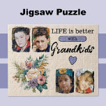 Puzzle 4 petits-enfants photo floral violet<br><div class="desc">Éclairez votre journée avec notre magnifique puzzle floral ! Doté de quatre beaux emplacements photo pour présenter vos moments préférés de petits-enfants, ce puzzle est la façon parfaite de célébrer la famille. Orné de fleurs vibrantes et du message sincère "La vie est meilleure avec les petits-enfants" dans un texte noir...</div>