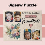 Puzzle 4 petits-enfants photo rose floral<br><div class="desc">Éclairez votre journée avec notre magnifique puzzle floral ! Doté de quatre beaux emplacements photo pour présenter vos moments préférés de petits-enfants, ce puzzle est la façon parfaite de célébrer la famille. Orné de fleurs vibrantes et du message sincère "La vie est meilleure avec les petits-enfants" dans un texte noir...</div>