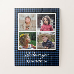 Puzzle 4 Photo Collage Bleu Buffalo Plaid Grandma