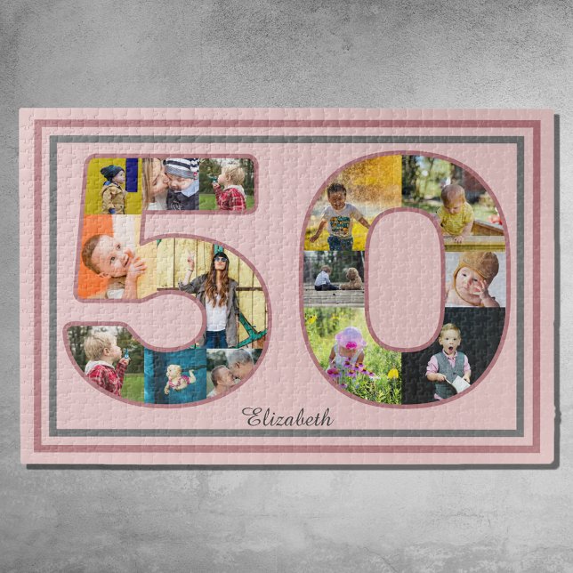 Puzzle 50e anniversaire de fête Photo Collage Dusty Blush (50th birthday jigsaw puzzle with photo collage template.)