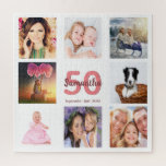 Puzzle 50e anniversaire photo collage femme blanc<br><div class="desc">Un cadeau pour le 50e anniversaire d'une femme, célébrant sa vie avec un collage de 8 de vos photos. Modèles pour un nom, 50 ans et une date. Date de naissance ou date d'anniversaire. Corail et lettres bordeaux. Fond blanc.</div>