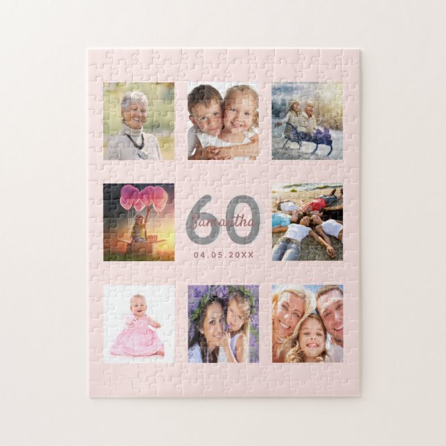 Puzzle 60e anniversaire photo personnalisée rose or rose (Vertical)