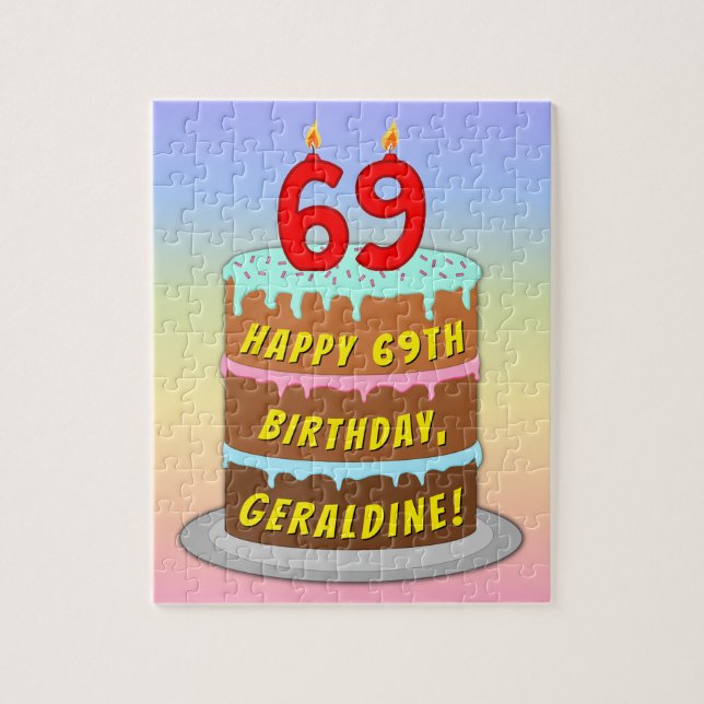 Puzzle 69e anniversaire : Fun Cake and Candles + Nom pers (Vertical)