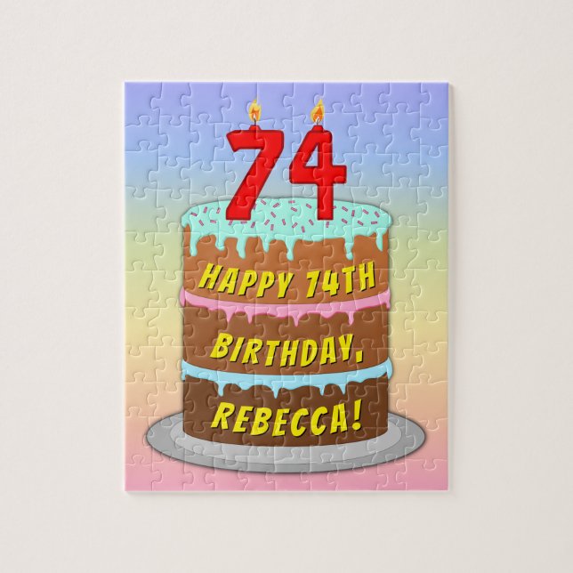 Puzzle 74e anniversaire : Fun Cake and Candles + Nom pers (Vertical)