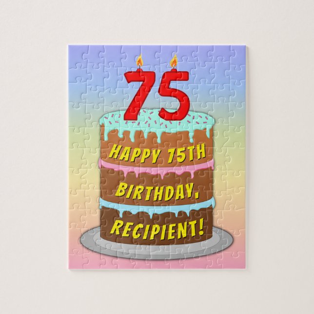 Puzzle 75e anniversaire : Fun Cake and Candles + Nom pers (Vertical)