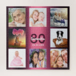 Puzzle 80th birthday 80 photo collage woman purple<br><div class="desc">A gift for a woman's 80th birthday,  celebrating her life with a collage of 8 of your photos.  Templates for a name,  age 80 and a date.  Date of birth or the date of the anniversary.  Dark purple and white colored letters. Girly and feminine purple gradient background color.</div>