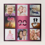 Puzzle 90th birthday 90 photo collage woman purple<br><div class="desc">A gift for a woman's 90th birthday,  celebrating her life with a collage of 8 of your photos.  Templates for a name,  age 90 and a date.  Date of birth or the date of the anniversary.  Dark purple and white colored letters. Girly and feminine purple gradient background color.</div>