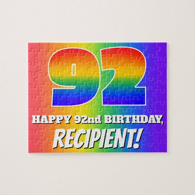 Puzzle 92e anniversaire — Motif Rainbow multicolore "92" (Horizontal)