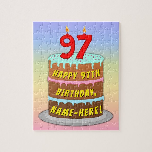 Puzzle 97th Birthday: Fun Cake and Candles + Custom Name (Vertical)