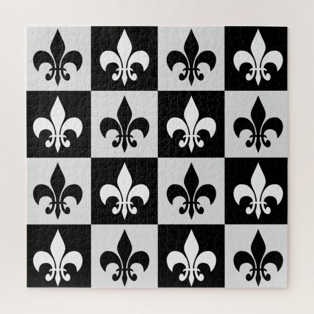Puzzle à damiers Blanc Noir Fleur-De-Lis Motif (Vertical)