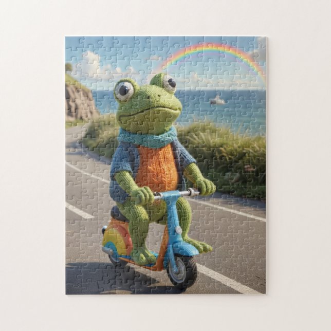 Puzzle A knitted frog rides a scooter (Vertical)