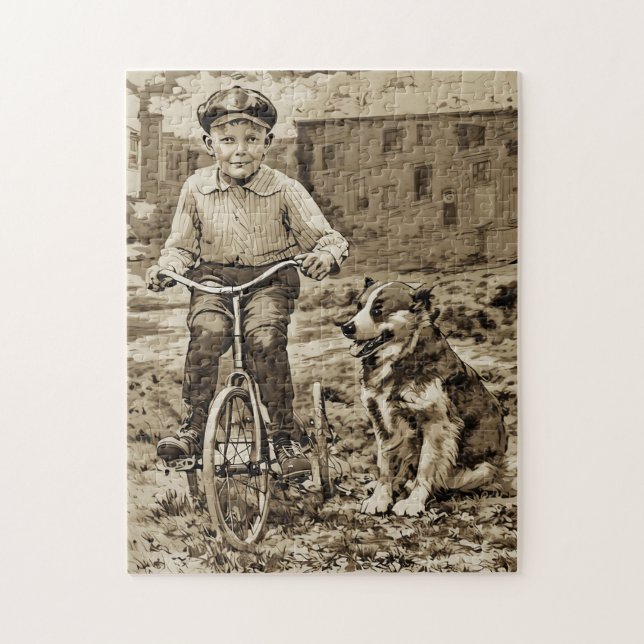 Puzzle À l'époque garçon à vélo avec chien (Vertical)