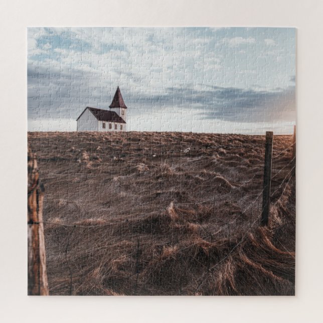 Puzzle Abandoned Church in a Field with Fence (Vertical)