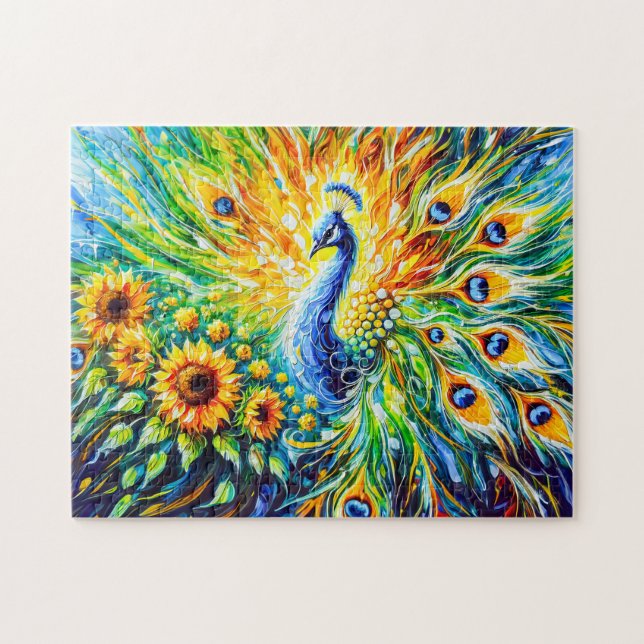 Puzzle Abstract Peacock with Sunflowers in painting (Horizontal)