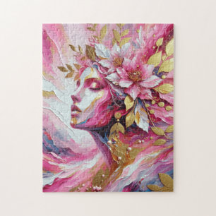 Puzzle Abstrait Elegant femme visage rose feuille
