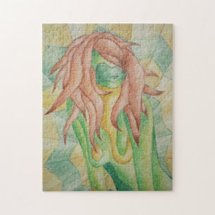 Puzzle abstrait vert pose femme rétro