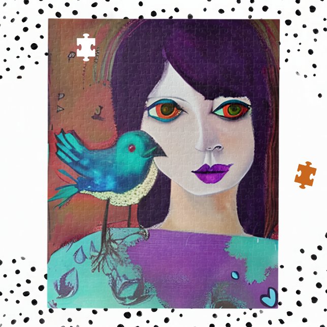 Puzzle Abstraite fille et oiseau pourpre et Turquoise (Créateur téléchargé)