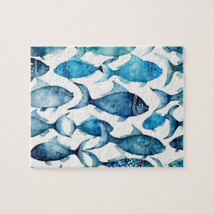 Puzzle Activité du poisson d'aquarelle bleue. Jeu marin
