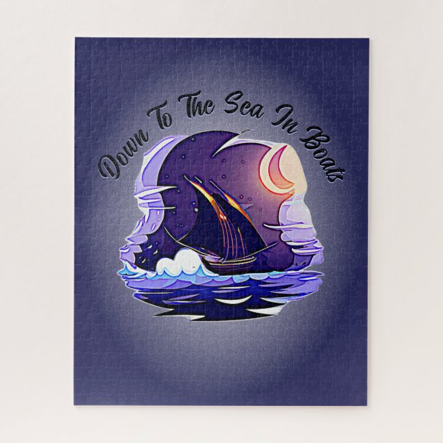 Puzzle Add Name Your Text, Sailing Ship, Clouds Moon Blue (Vertical)