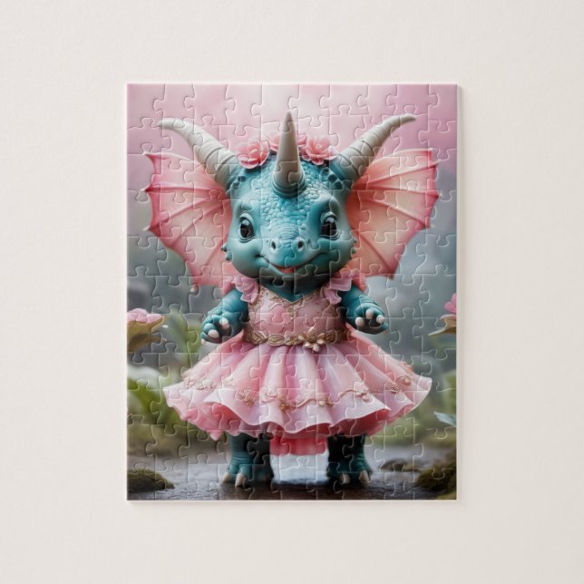 Puzzle Adorable Baby Dino dans une robe rose (Vertical)