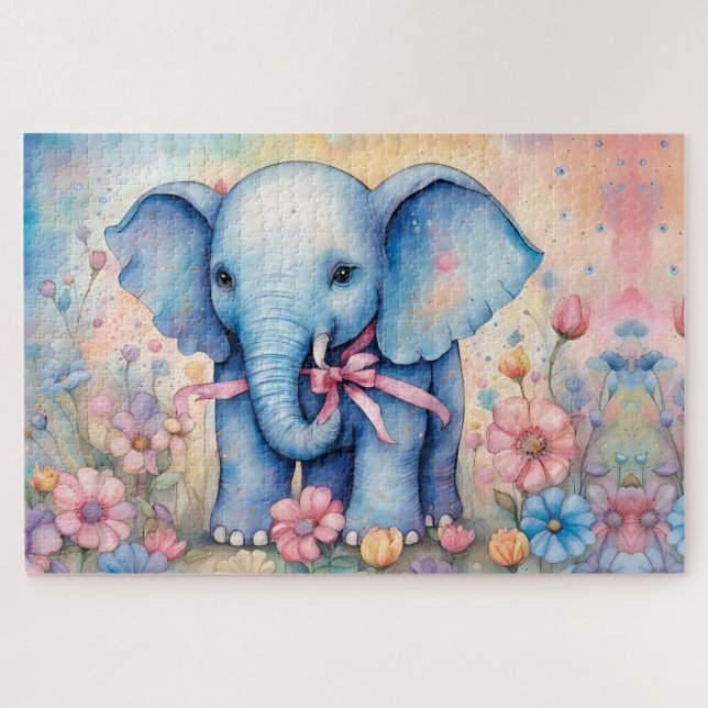 Puzzle Adorable bébé éléphant dans un jardin pastel (Horizontal)