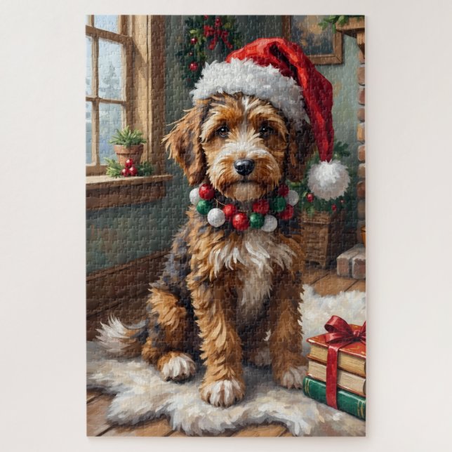 Puzzle Adorable Bernedoodle Dog Cozy Knitted Santa Hat (Vertical)