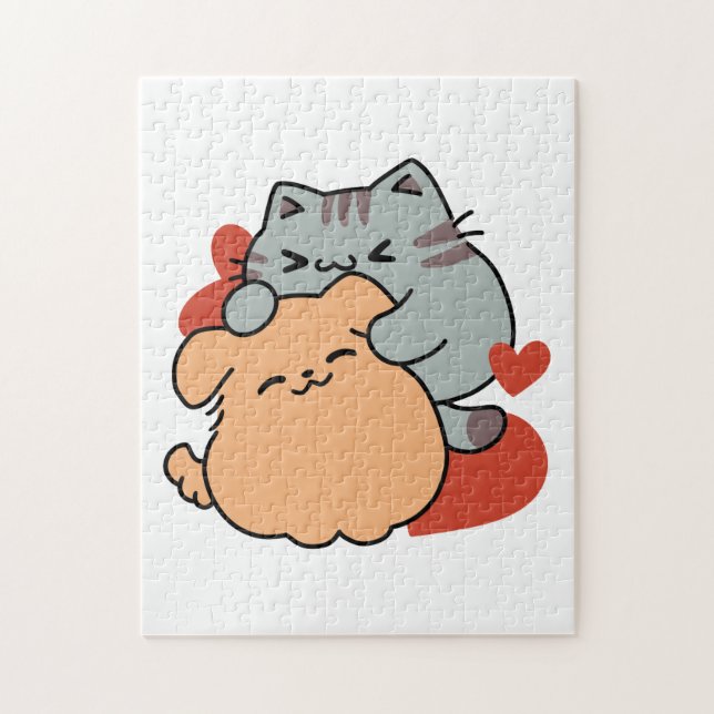 Puzzle Adorable chat et chien Hug - Meow & Woof Design (Vertical)