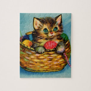 Puzzle adorable chaton des années 1940 dans le panier de 