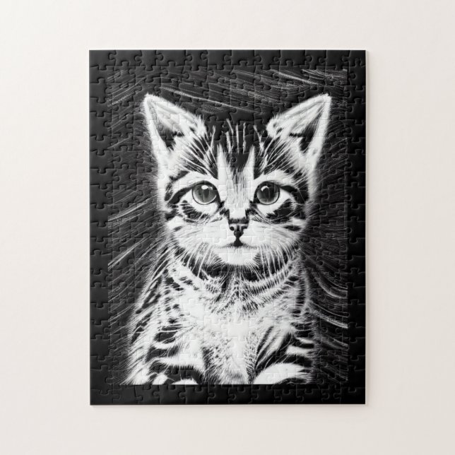 Puzzle adorable chaton rayures noir et blanc (Vertical)