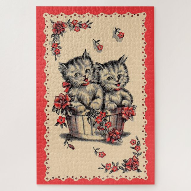 Puzzle adorable chatons dans un panier de fleurs (Vertical)