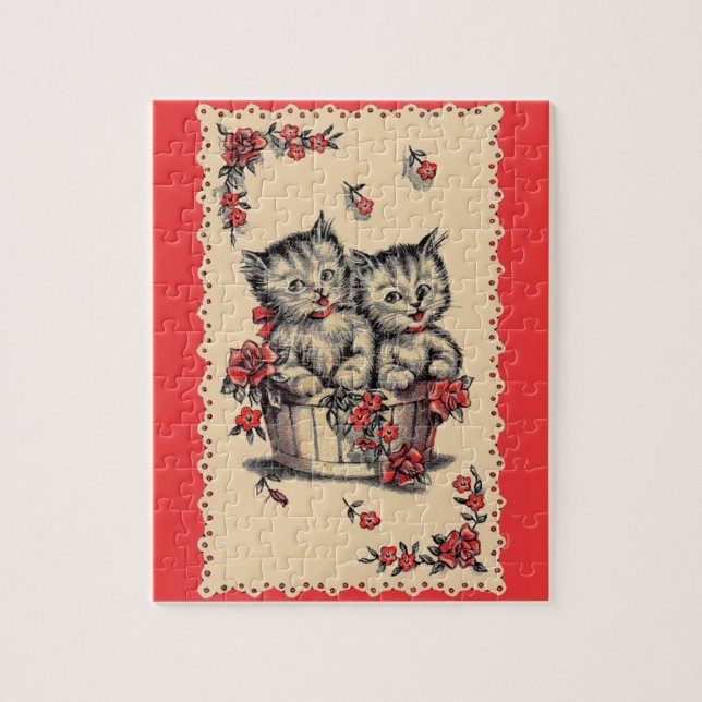 Puzzle adorable chatons dans un panier de fleurs (Vertical)