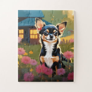 Puzzle Adorable Chihuahua Noir Chiuppy avec Fleurs sauvag