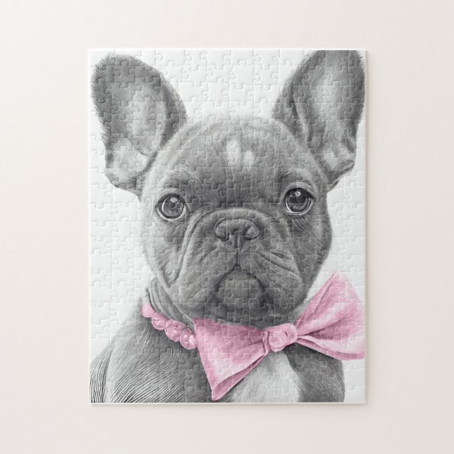 Puzzle Adorable chiot français bulldog avec un arc rose (Vertical)