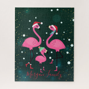 Puzzle Adorable Flamants roses de famille Santa Hat Green