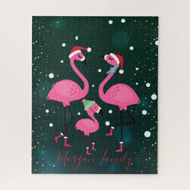 Puzzle Adorable Flamants roses de famille Santa Hat Green (Vertical)