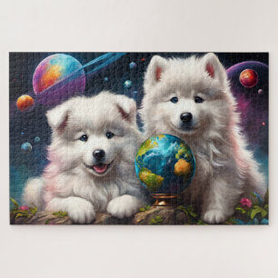 Puzzle Adorable Fluffy Samoyé Puppies, Paix sur Terre