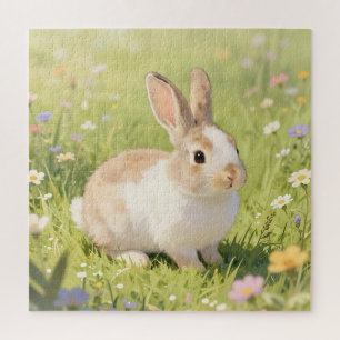 Puzzle Adorable Lapin Fluffy Prairie de Fleurs Sauvages