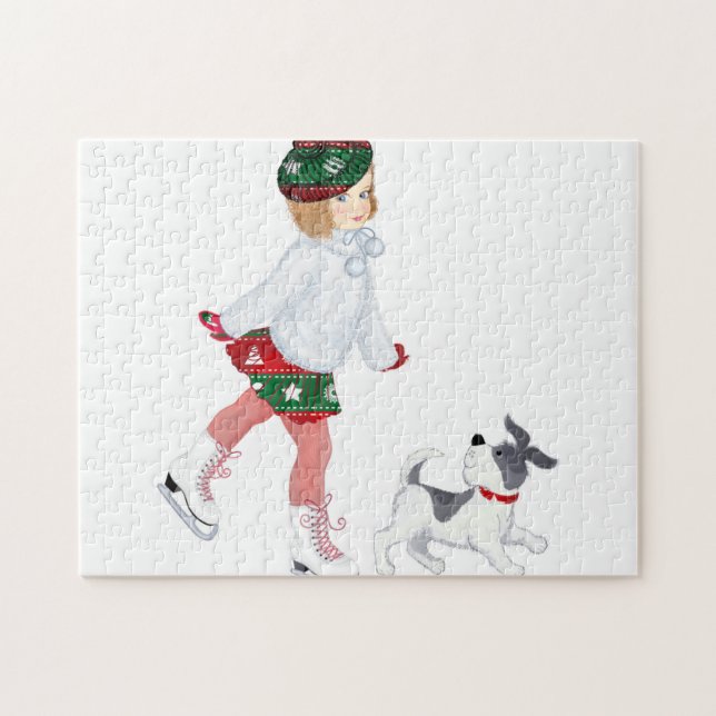 Puzzle Adorable little girl skating on ice and dog (Horizontal)