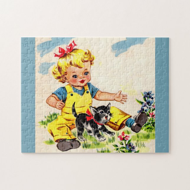 Puzzle adorable petite fille avec adorable petit chaton (Horizontal)
