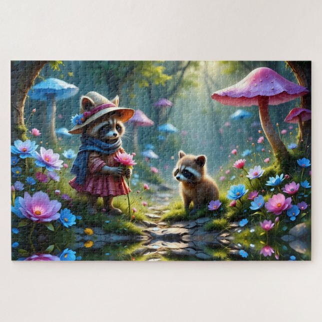 Puzzle Adorable Raccoon tout habillé avec Rose (Horizontal)