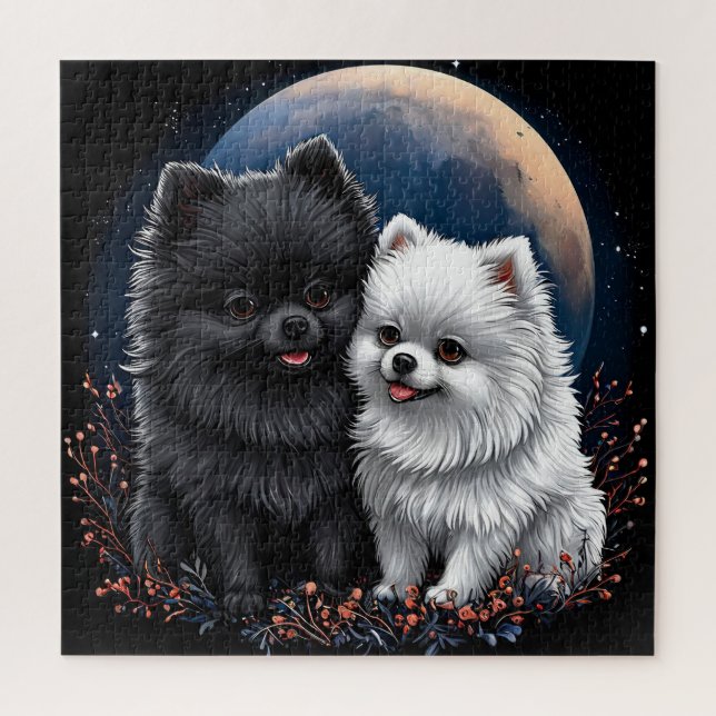 Puzzle Adorables chiots Pomeranian noir et blanc (Vertical)