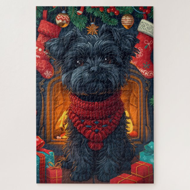 Puzzle Affenpinscher Chien Avec Cheminée Cadeaux De Noël (Vertical)