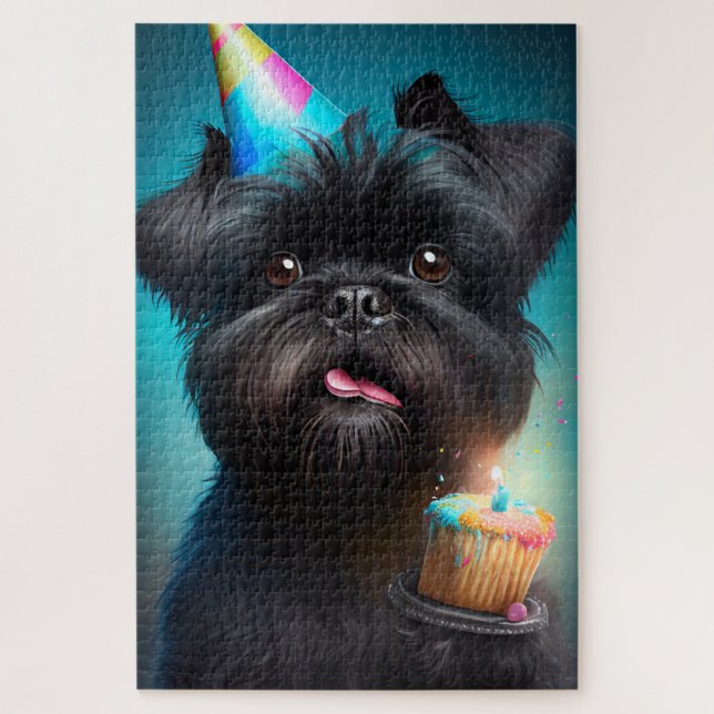 Puzzle Affenpinscher fête le gâteau des ballons d'anniver (Vertical)