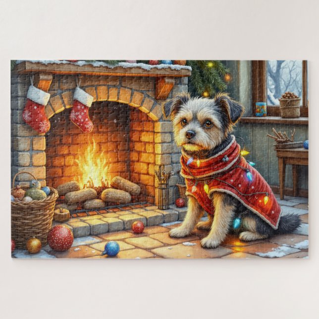 Puzzle Affenpinscher Sitting Fireplace Christmas Lights (Horizontal)