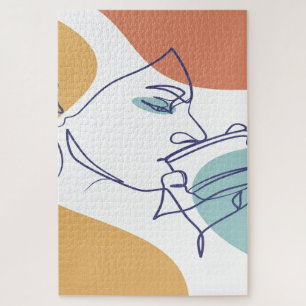 Puzzle affiche de dessin au trait de femme buvant du café