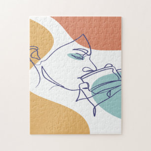Puzzle affiche de dessin au trait de femme buvant du café