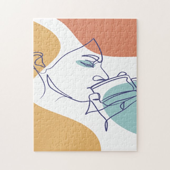Puzzle affiche de dessin au trait de femme buvant du café (Vertical)