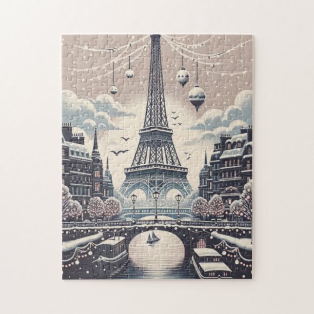 Puzzle Affiche de Noël à Paris – Tour Eiffel enneigée en  (Vertical)