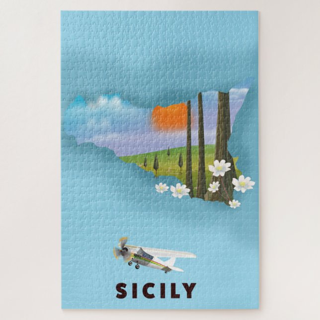 Puzzle Affiche de voyage carte illustrée de Sicile (Vertical)